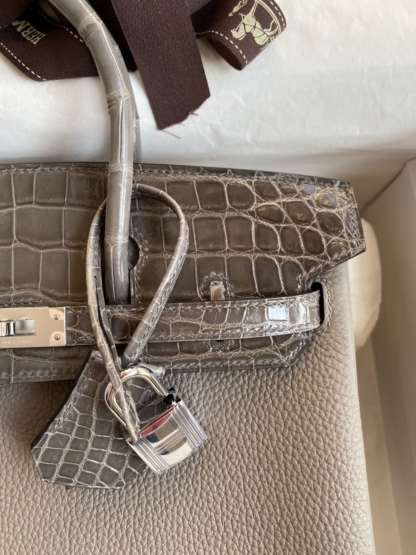 Hermes Touch Birkin 25CM Bag In Gris Mouette Togo and Shiny Niloticus Crocodile Skin